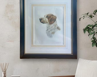 Vintage Brittany Spaniel Lithograph: Signed Polychrome Dog Artwork