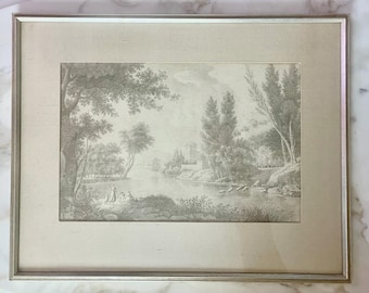Antique European Landscape Engraving Print, Pastoral River Scene, 18th-19th Century