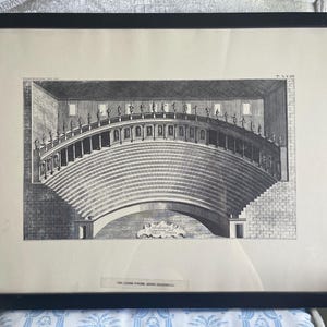 May include: Black framed print of an architectural drawing of a theater. The print is in black and white and features a detailed depiction of the interior of a classical theater with tiered seating, columns, and statues. The text "ON COME FROM JOHN SOANELL" is at the bottom.