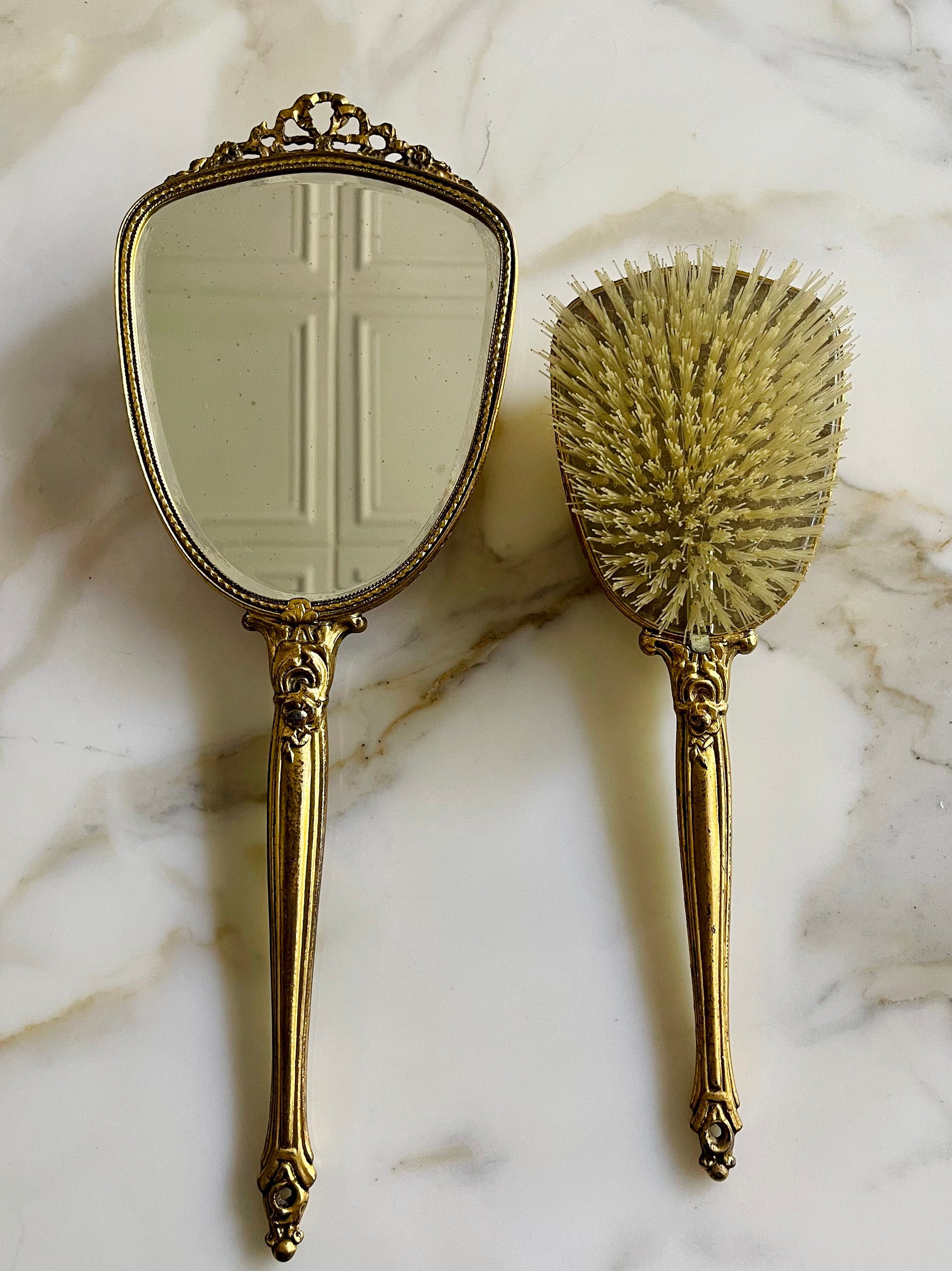 Vintage 1940’s Gold Plated Vanity Set Brush & Mirror