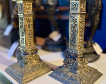 Antique Art Nouveau Veiled Prophet Brass Candle Holder Candlesticks St.Louis 1909