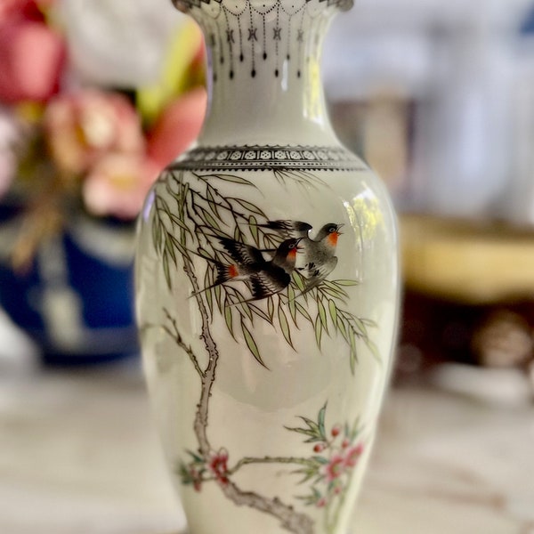 Late Twentieth Century Chinese Famille Rose Vase Birds Marked Numbered