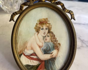 Continental Hand-painted Porcelain Minature Portrait of a Mother and Child in an Ornate Frame