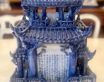 Antique Chinese Blue and White Porcelain Pagoda with Figures