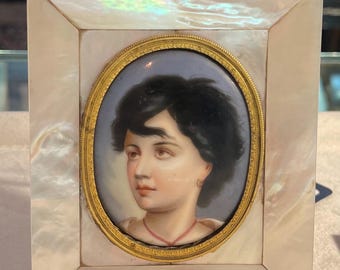 19th Century Oval Hand Painted German Portrait on Porcelain in Mother of Pearl Frame
