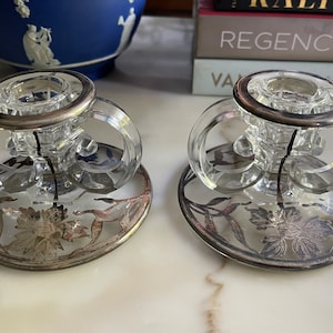 Vintage Sterling Silver Overlay Candlestick/Candle Holders Glass Vintage Set