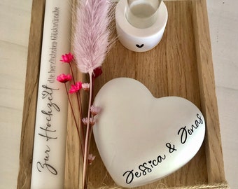 personalisiertes Hochzeitsgeschenk Geschenkbox Hochzeit Kerze, Geschenk Set, Geldgeschenk-Verpackung zur Hochzeit, Herz mit Namen Hochzeit