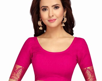 Pink Readymade Bride Designer Round Neck Saree Blouse Weaving Work Women Poly Silk Sari Choli Indian Wedding Wear Fabric Craft Tunic Top