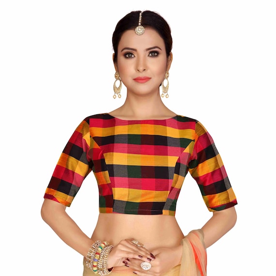 Multi Readymade Bride Designer Boat Neck Saree Blouse Check