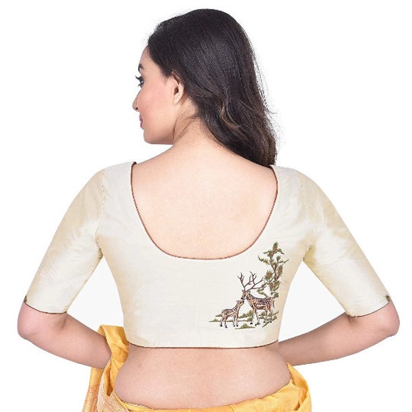 Beige Readymade Bride Designer Boat Neck Saree Blouse Deer Embroidered Women Poly Silk Sari Choli Indian Wedding Wear Fabric Craft Tunic Top