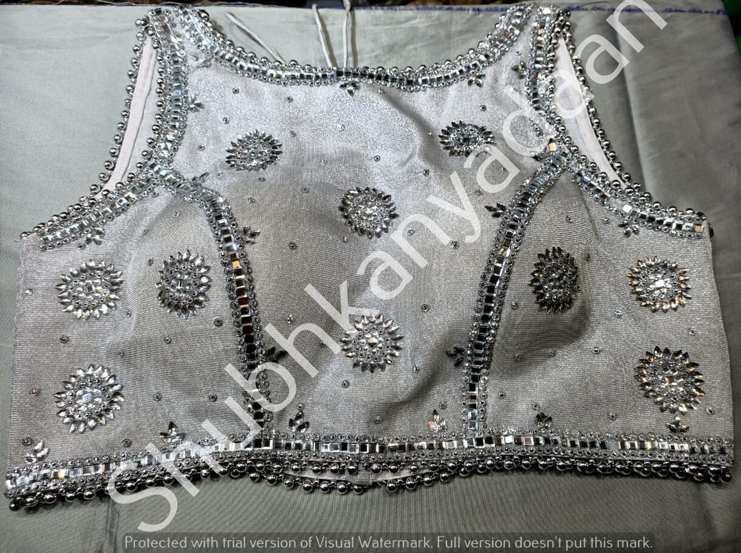 Silver Designer Wedding Wear Readymade Bride Saree Blouse Heavy Beaded  Women Poly Silk Sari Choli Indian Fabric Craft Tunic Top Bridal Wear -   Finland