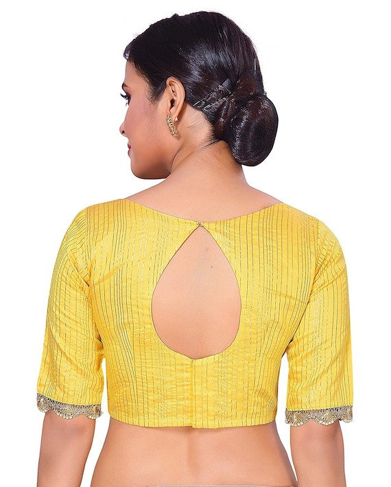 Yellow Readymade Boat Neck Designer Saree Blouse Stripes
