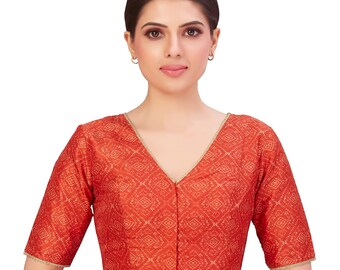 Rote Ellenbogen Ärmel Patola Gedruckt Readymade Braut Designer Saree Bluse Frauen Leinen Baumwolle Sari Choli Indische Hochzeit Stoff Tunika Crop Top