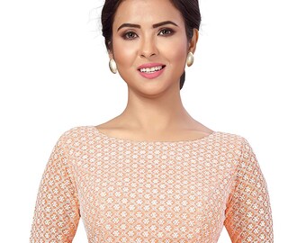 Peach Readymade Boat Neck Designer Saree Blouse Georgette Chikankari Embroidered Women Sari Choli Indian Wedding Wear Fabric Tunic Top