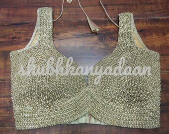 Golden Readymade Heavy Beaded Blouse Designer Saree blouse Cocktail Party Wedding Indian Bridal Sari Choli Crop Top Skirts Bridesmaid Blouse