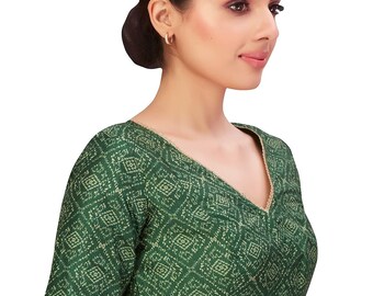Grüne Ellenbogen Ärmel Patola Gedruckt Readymade Braut Designer Saree Bluse Frauen Leinen Baumwolle Sari Choli Indische Hochzeit Stoff Tunika Crop Top