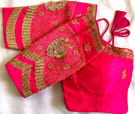 Pink Readymade Bride Designer Saree Blouse Floral Embroidery Pattern Women  Poly Silk Sari Choli Indian Wedding Wear Fabric Craft Tunic Top