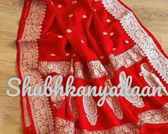 Durga puja khadi Chiffon Zari Work Banarasi Silk Wedding Wear Handwoven Saree Designer Weaving Fabric Sari Women With Running Blouse Piece