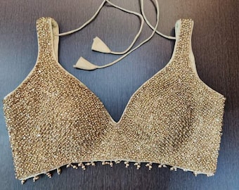 Golden Readymade Heavy Beaded Blouse Designer Saree blouse Cocktail Party Wedding Indian Bridal Sari Choli Crop Top Skirts Bridesmaid Blouse