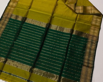 Green Maheshwari Handloom Silk Stripes Zari Palla Saree Wedding Wear Saree Designer Fabric Sari Indian Women With Running Blouse Pc
