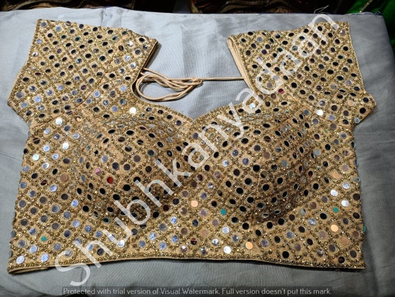 Golden Designer Wedding Wear Readymade Bride Saree Blouse Heavy Beaded Women Poly Silk Sari Choli Indian Fabric Craft Tunic Top Bridal Wear