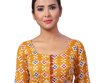 Senf Readymade Braut Designer Rundhals Saree Bluse Ikkat Print Damen Reine Baumwolle Sari Choli Indian Wedding Wear Stoff Craft Tunika Top
