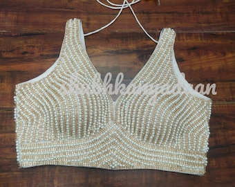 Golden Readymade Heavy Beaded Blouse Designer Saree blouse Cocktail Party Wedding Indian Bridal Sari Choli Crop Top Skirts Bridesmaid Blouse