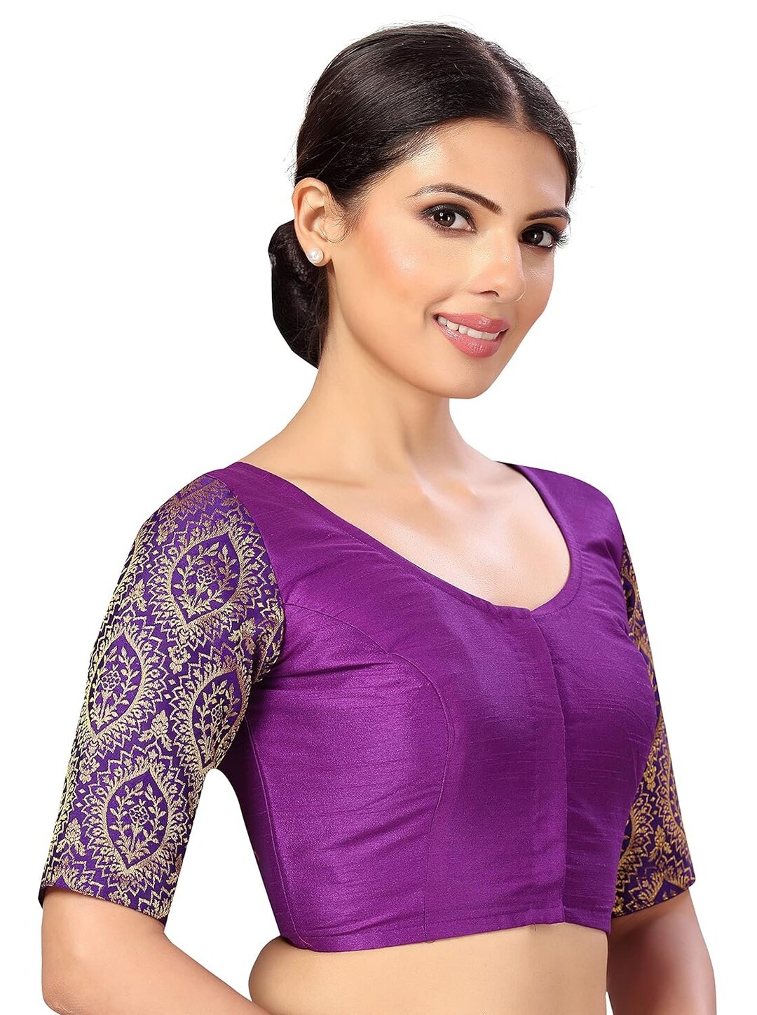 Purple Readymade Elbow Length Sleeves Designer Saree Blouse Floral