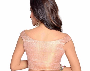 Pink Readymade Bride Designer Round Neck Saree Blouse Weaving Brocade Women Poly Silk Sari Choli Indian Wedding Wear Fabric Craft Tunic Top