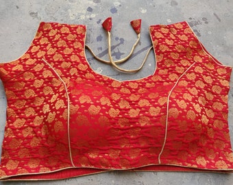 Rote Readymade Braut Designer Saree Bluse Floral Webmuster Damen Poly Seide Sari Choli Indian Wedding Wear Stoff Handwerk Tunika Top