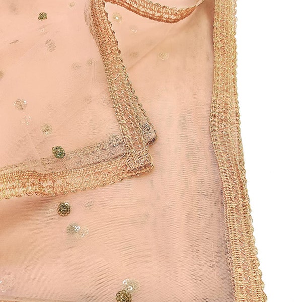 Indian Handmade Light Peach Women's Embroidered Full Size Dupatta 42" X 2.50 Meters Wedding Designer Sequins Stole For Girl Net Fabric Hijab