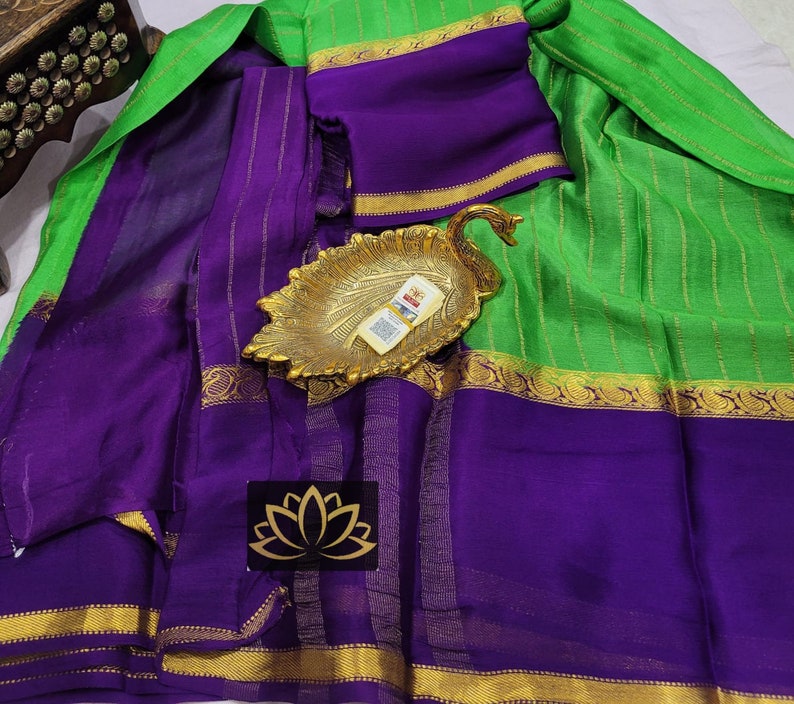 Green Durga puja Special Mysore Crepe Wrinkle Wedding Wear Handwoven Saree Designer Weaving Fabric Craft Sari Women With Running Blouse Pce