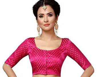 Pink Readymade Bride Designer Round Neck Saree Blouse Weaving Work Women Poly Silk Sari Choli Indian Wedding Wear Fabric Craft Tunic Top