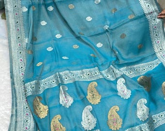 Durga puja khadi Chiffon Zari Work Banarasi Silk Wedding Wear Handwoven Saree Designer Weaving Fabric Sari Women With Running Blouse Pece