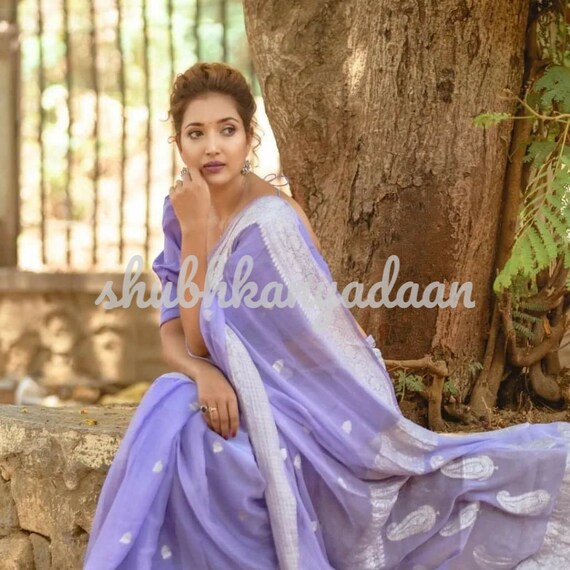 Kant-en-klare blouse met bijpassende paarse 100% pure chiffon Zari