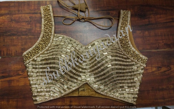 Golden Sabyasachi Deep V Cut Readymade Designer Wedding Wear Bride Saree Blouse Heavy Beaded Women Sari Choli Indian Fabric Tunic Crop Top