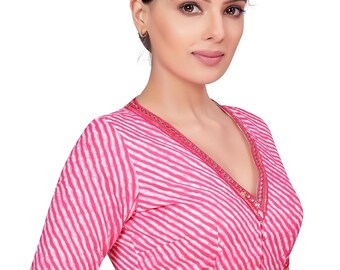 Rosa Readymade Braut Designer V-Ausschnitt Saree Bluse Leheriya Gedruckt Frauen Reine Baumwolle Sari Choli Indische Hochzeit Tragen Stoff Tunika Crop Top