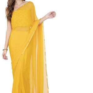 Plain Chiffon Saree With Golden Border Indian Wedding Wear Solid Plain Saree Designer Fabric Craft Sari Women Wear With Running Blouse Piece