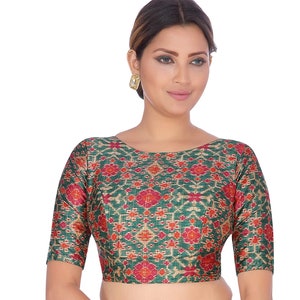 Green Patola Printed Readymade Bride Designer Boat Neck Saree Blouse Women Poly Silk Sari Choli Indian Wedding Wear Fabric Craft Tunic Top