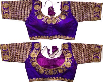 Purple Readymade Bride Designer Saree Blouse Floral Embroidery Pattern Women Poly Silk Sari Choli Indian Wedding Wear Fabric Craft Tunic Top