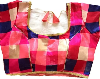 Rosa Readymade Braut Designer Rundhals Saree Bluse Kariert Damen Poly Seide Sari Choli Indian Wedding Wear Stoff Handwerk Tunika Top