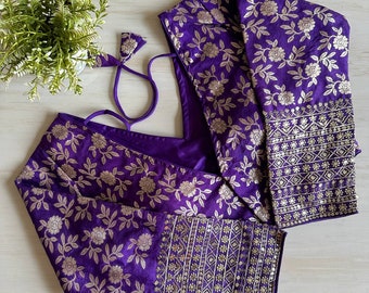 Purple Brocade Embroidery Pattern Readymade Designer Saree Blouse Women Poly Silk Sari Choli India Wedding Wear Fabric Craft Tunic Crop Top
