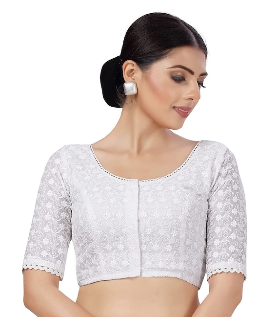 White Readymade Round Neck Designer Saree Blouse Georgette