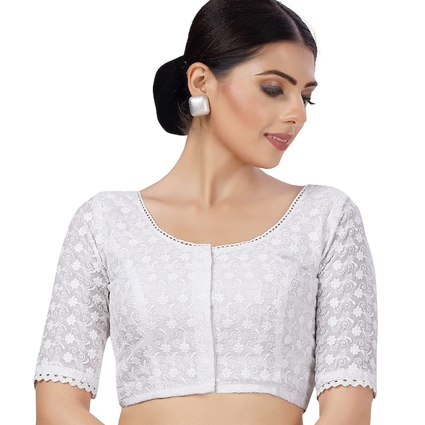 Blanc Readymade Round Neck Designer Saree Blouse Georgette Chikankari Dentelle Broderie Femmes Sari Choli Inde Wedding Wear Tissu Tunique Top