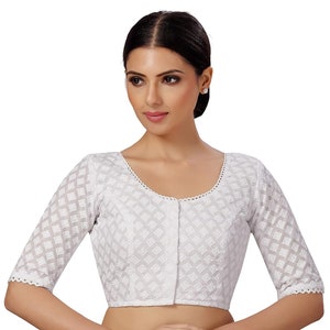 White Readymade Round Neck Designer Saree Blouse Cotton Chikankari Embroidered Women Sari Choli Indian Wedding Fabric Bridesmade Crop Top