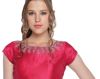 Pink Readymade Bride Designer Boat Neck Saree Blouse Hand Beaded Women Poly Silk Sari Choli Indian Wedding Wear Fabric Craft Tunic Top