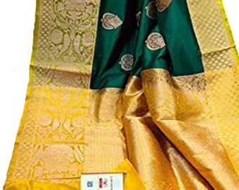 Green Durga puja Katan Silk Saree Banarasi Wedding Wear Floral Handwoven Saree Designer Weaving Fabric Sari Women With Running Blouse Piece