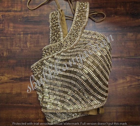 Golden Sabyasachi Deep V Cut Readymade Designer Wedding Wear Bride Saree Blouse Heavy Beaded Women Sari Choli Indian Fabric Tunic Crop Top