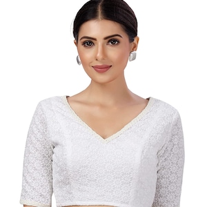 White Readymade V-Neck Designer Saree Blouse Georgette Floral Chikankari Embroidered Women Sari Choli Indian Wedding Wear Fabric Tunic Top