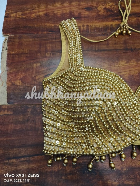 Golden Sabyasachi Deep V Cut Readymade Designer Wedding Wear Bride Saree  Blouse Heavy Beaded Women Sari Choli Indian Fabric Tunic Crop Top -  UK